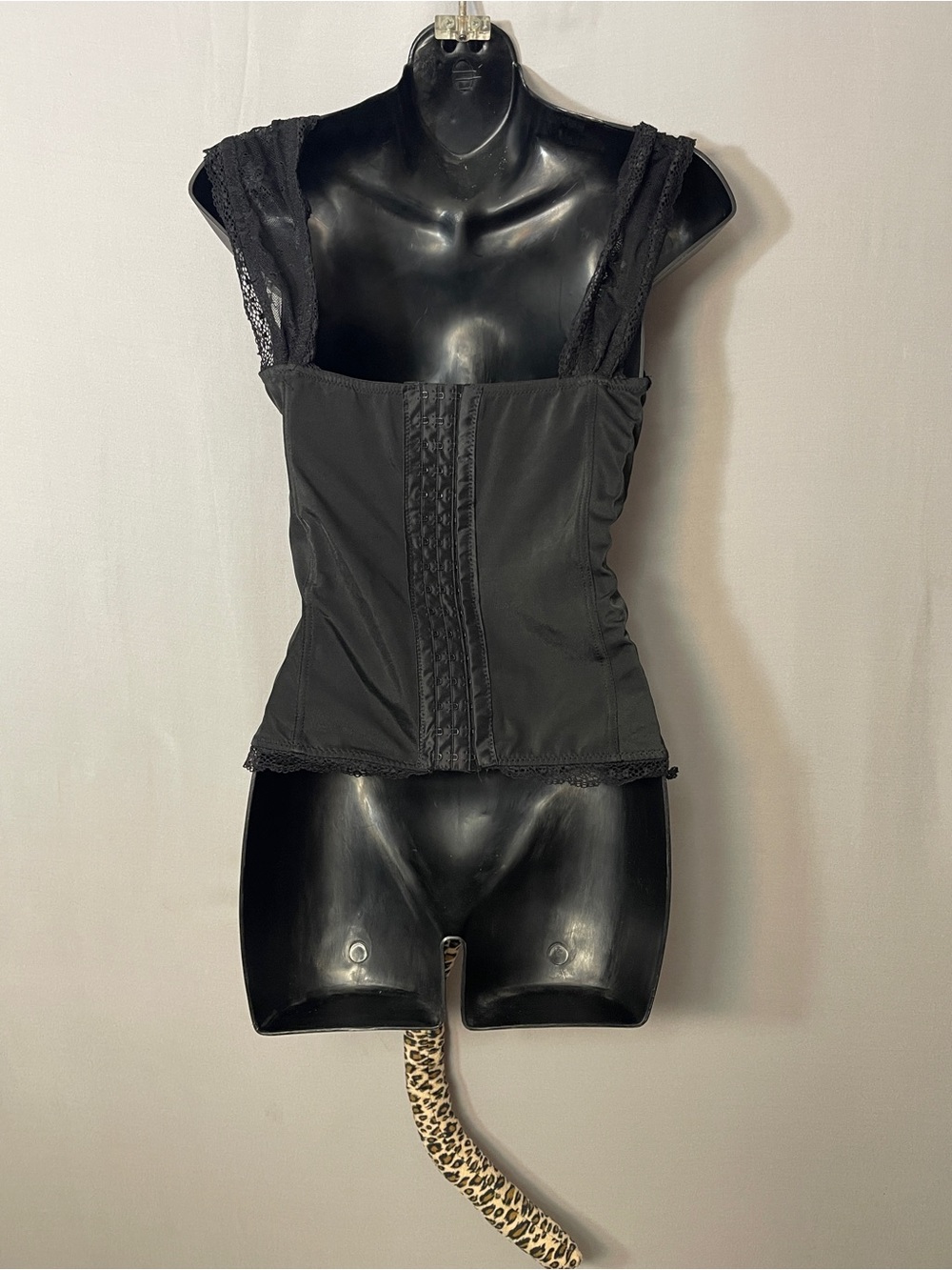 Spirit Halloween Black Lace Corset Top & Leopard Tail Set Cat Costume L - Picture 2 of 5
